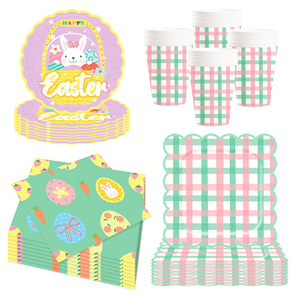 DAMAI Pink and Green Cross Grid Pattern Plate Set <b>Easter</b> Bunny and Egg-themed Disposable Paper Napkin for <b>Easter</b> Celebrations - Product Image 4