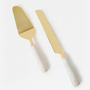 Stainless Steel Gold Cake <b>Cutter</b> & Serving Set with <b>Marble</b> Hammered Handle - Product Image 2