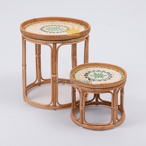 Factory Price <b>Round</b> Rattan Nightstand <b>Table</b> Mother of Pearl Mosaic Top Bedroom <b>Bedside</b> Accent <b>Table</b> Wholesale - Product Image 2