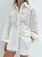 Ensemble 2 pièces pour femmes, chemise sans manches et short au-dessus du genou, broderie 3D solide, blanc transparent, ensemble de vacances d'été avec boutons