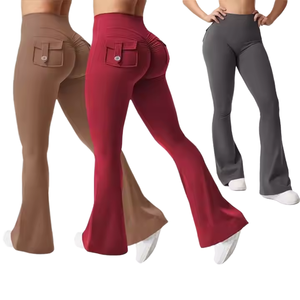 Pantalones Cortos de Yoga X1 para Mujer, Cintura Elástica con Botones y Bolsillos, Diseño Acampanado, Cintura Alta, Estampado a Cuadros, Ecológicos, Sin Costuras, para Actividades al Aire Libre - Product Image 1