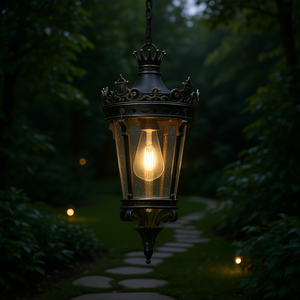 Lanterne suspendue d'extérieur Antique Crown, 18 pouces de haut, étanche, style vintage, en verre transparent et métal, éclairage de jardin - Product Image 2