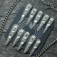 Venta Directa de Fábrica: 10 Uñas Postizas de Lujo para Halloween, Largas, Estilo Ataúd/Stiletto, Brillantes con Pedrería, Hechas a Mano, de Presión