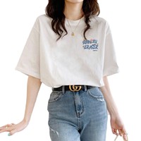 Kaus Lengan Pendek Katun Murni Model Baru 2026 Atasan Cetak Musim Panas Wanita Leher Kru Longgar Bahu Biasa Gaya Korea Ins