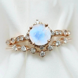 Rose Gold Plated Women's Engagement <b>Ring</b> With Natural Moss Agate Stone and Diamond Pave Setting Romantic Style - Product Image 2