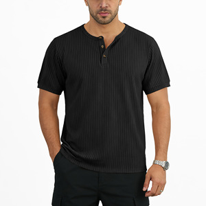 Men's Ribbed <b>Henley</b> T-Shirt <b>Short</b> <b>Sleeve</b> Regular Fit 100% Cotton Knitted Breathable Casual Wear - Product Image 3