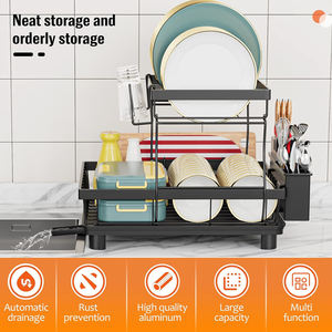 Égouttoir à vaisselle 2 niveaux en acier inoxydable noir, support de rangement de cuisine antirouille - Product Image 5