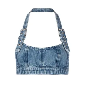 Benutzer definierte blaue Knopf Reiß verschluss Denim Tops sexy Mini Tops Mode öffentliche Schnür BH Schnalle Riemen Denim Bra lette für Frauen