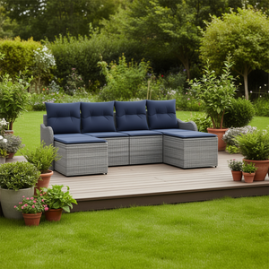 Conjunto de Sofá para Exteriores de Poliéster Gris, 6 Plazas, Resistente a la Intemperie, Muebles de Jardín de Diseño Contemporáneo con Estructura de Mimbre - Product Image 2