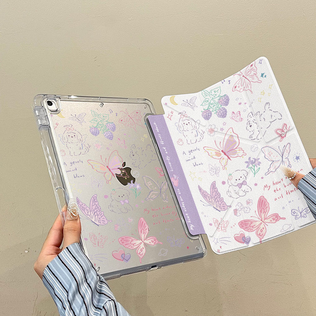 Origami Case for iPad, Double-Sided Print Y-Fold Standing Cover, Clear Anti-Bend Acrylic Back with Pencil Holder, Slim