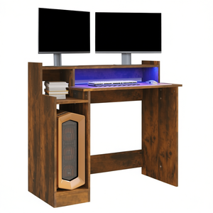 Bureau d'ordinateur rectangulaire en bois d'ingénierie de chêne moyen avec éclairage LED et rangement pour usage domestique ou professionnel - Product Image 1