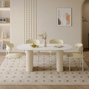 الحد الأدنى كريم أبيض بيضاوي الحجر متكلس مجموعة 6 كراسي الرخام طاولة مطعم كرسي أثاث غرفة الطعام - Product Image 2