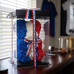 Boîte cadeau ours en fleurs artificielles France, roses bleues, blanches et rouges, ours en peluche pour les fans de football, souvenir en gros - Product Image 1