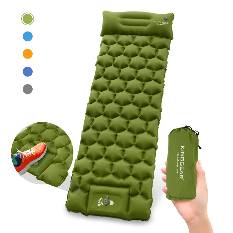 KingGear Pompe à pied intégrée Tapis de couchage gonflables Tapis de couchage de camping ultraléger avec oreiller