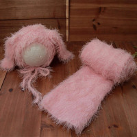 Rose pastel nouveau-né photographie tenue lapin de pâques chapeau moelleux Bonnet bébé Stretch Wrap coton tricoté posant couche couverture