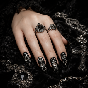 Faux ongles gothiques sombres en PMMA, longs, à pression, avec strass noirs, forme cercueil, couvrance totale, faits à la main, pour doigts - Product Image 5