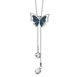 Korea Style High Quality Double Butterfly Sweater Chain Necklace Simple Long Decorative Rhinestone Crystal Necklace