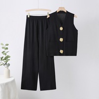 Conjunto de Mujer de Moda Verano 2026: Chaleco de Punto sin Mangas Transpirable con Botones y Pantalones de Pierna Recta Ancha - Venta al por Mayor para Boutiques
