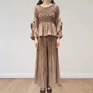 Completo <span class=keywords><strong>Donna</strong></span> Taglie Forti con Design Plissettato, Primavera-Estate, Tinta Unita, Top e Pantaloni, 2 Pezzi, Casual Modesto, Taglia Unica - Product Image 1