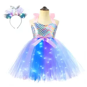 ชุดนางเงือกสีพาสเทลสำหรับเด็กผู้หญิง,ชุดคอสเพลย์ฮาโลวีนชุดนางเงือกพร้อมไฟ LED ชุดกระโปรงสั้นสำหรับฤดูร้อน
