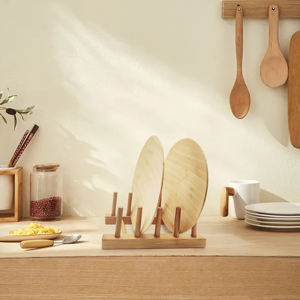 Escurridor de platos de madera de bambú Natural, estante de secado de platos, soporte para tapa de olla, organizador de cocina respetuoso con el medio ambiente - Product Image 5