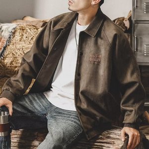 Chaqueta Retro de Béisbol para Hombre, de Terciopelo Modal Gris Verde, con Solapa, Estilo Holgado, Larga y Delgada, para Primavera y Otoño, de Marca de Moda, Cálida - Product Image 4