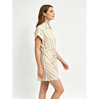 Robe chemise en coton rayée beige pour femme, décontractée, à manches courtes, boutonnée, mini-robe printemps-été