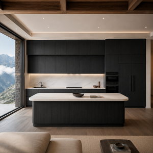Mobili da <span class=keywords><strong>Cucina</strong></span> di Design Moderno Francese in Lacca Nera Opaca Personalizzati, Isola Curva con Illuminazione LED, in Compensato, per Appartamenti, Garanzia 5 Anni - Product Image 6
