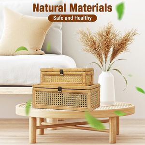 Juego de 3 Cajas de Ratán con Tapa de Vidrio Marrón con Tapas para Decoración del Hogar, Caja Decorativa de Mimbre con Tapa con Bisagras, Cestas de Mimbre para Almacenamiento - Product Image 4
