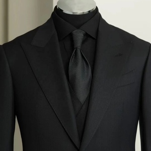 Costumes sur mesure, fabrication directe en usine, logo et broderie personnalisés, <span class=keywords><strong>costume</strong></span> noir pour <span class=keywords><strong>homme</strong></span> en 70% laine, demi-toile, poche basse - Product Image 3