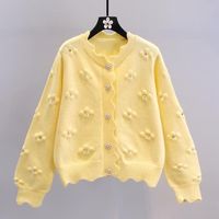 Cardigan en tricot pour femme avec appliques florales 3D, orné de perles, bordure festonnée, manches longues, mignon, pour l'automne et l'hiver 2026