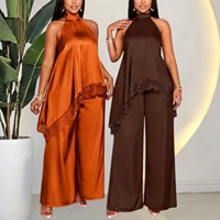 J9534 Ensemble tendance 2026 pour femme : Haut caraco en dentelle et pantalon large décontracté, ensemble deux pièces assorti