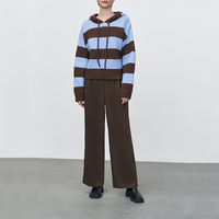 GUOOU New Series Blue Brown Striped Hooded Knit Pullover Women's Wool Long Sleeve Cropped Top
