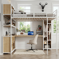 Lit superposé moderne en métal taille Queen avec armoire intégrée, bureau, étagères de rangement en bois grainé blanc pour hôtel, appartement