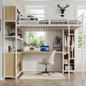 Queen Size Modern Metal <strong>Loft</strong> <strong>Bed</strong> <strong>Frame</strong> with Built-in Wardrobe Desk Storage Shelves in White Wood-grain for Hotel Apartment Use - Product Image 1