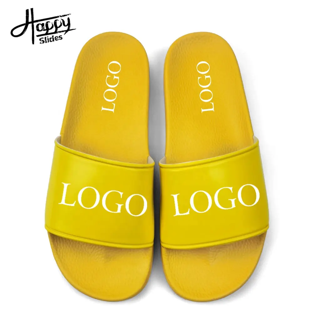 Happyslides Sandal Unisex, Logo Kustom Desain Anda Berwarna Kuning Kosong