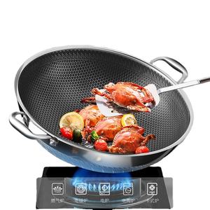 316 <span class=keywords><strong>Wok</strong></span> en acier inoxydable à double oreille 40 <span class=keywords><strong>42</strong></span> grand sauté à fond plat antiadhésif pour la maison - Product Image 5