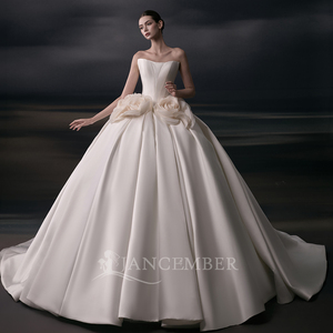 Lsgz12 Vestido de Novia Romántico Color Marfil Sin Tirantes con Rosetas 3D en la Cintura, de Satén, Estilo Princesa, Minimalista, con Cola Larga, Jancemebr - Product Image 1
