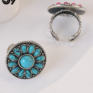 Nouvelle bague rétro ethnique en pierre turquoise sculptée en forme de fleur, style <span class=keywords><strong>bohème</strong></span> simple, ajustable pour femme et <span class=keywords><strong>homme</strong></span> - Product Image 4