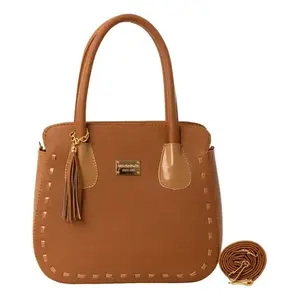 Fana Alessia Women's <b>Handbag</b> Camel Microfiber Synthetic Leather Classic Style With Tassel And Removable Strap Daily Use - Product Image 1