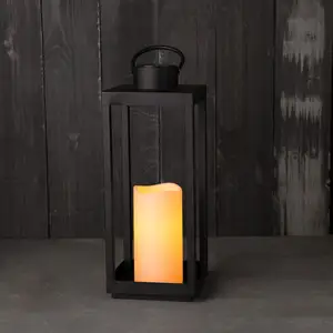 Large Outdoor Lantern with Solar Candle Matte Black Metal Frame Waterproof Flameless Pillar Candle Dusk to Dawn timer