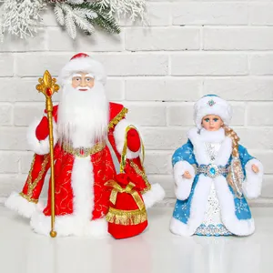 SOTE 30-50CM Dekorasi Natal Merah Rusia Ded Moroz Listrik Boneka dengan Hadiah Tas dan Tongkat Kustom Snegurochka dengan Musik