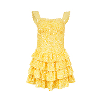 Robe d'été jaune à sequins smockée à volants superposés et œillets pour petite fille, col carré sans manches, vente en gros pour tout-petits