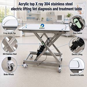 Table de diagnostic et de traitement vétérinaire électrique compatible avec les rayons X EURVET, construction en acier inoxydable, plateau en acrylique amovible - Product Image 1