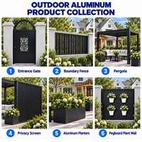 Solution complète pour jardin de villa en aluminium noir : Portail cintrée, clôture, pergola, écran d'intimité, jardinières et mur végétal en panneaux perforés