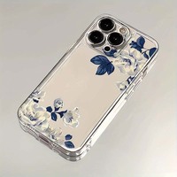 Feuille Bleu Blanc Fleur Impression Antichoc Espace TPU Housse de Téléphone Portable pour Iphone 8 X Xr Xs 11 12 13 14 15 16 17 Pro Max