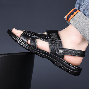 Men's First Layer Cowhide Sandals <b>Flat</b> Thick Sole <b>Summer</b> Casual Shoes Brown Black Slip On Style 9801 - Product Image 4