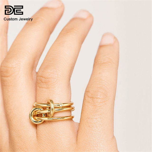 DE Fashion Trendy 925 Sterling Silver Ring 18K Gold Plating Three Circles CZ Zircon Design Fine Jewelry for Women's Party