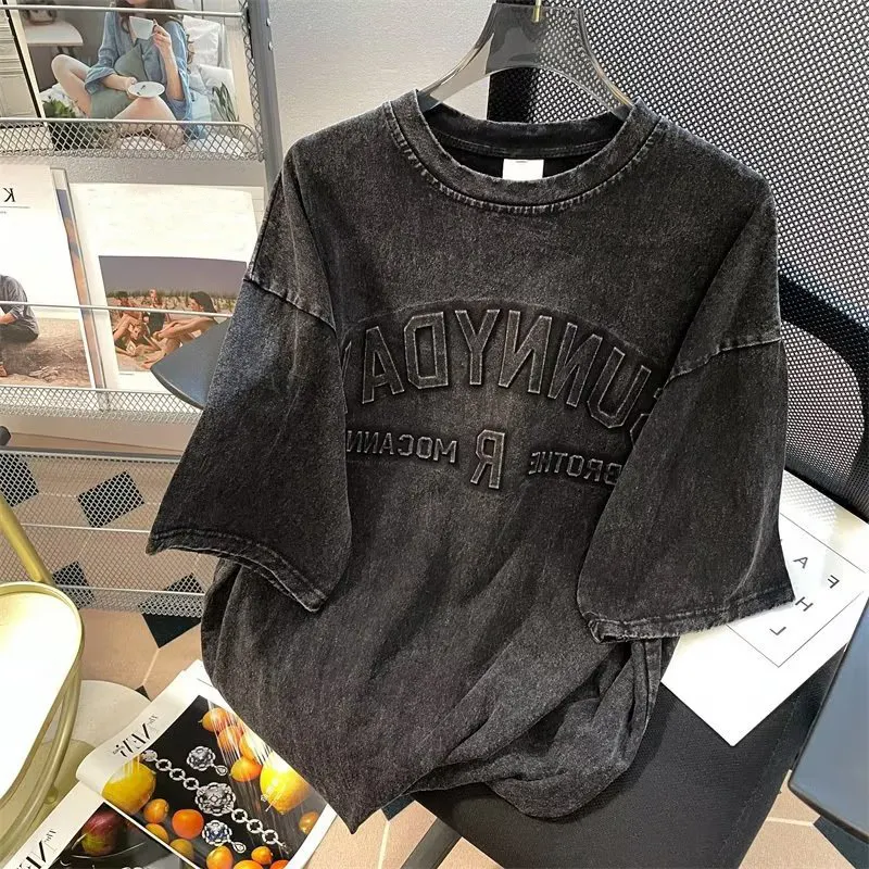DUOLLB 제조사 퇴색 그래픽 빈티지 워시 T 셔츠 블랙 남성용 양각 인쇄 워시 티셔츠 대형 티셔츠