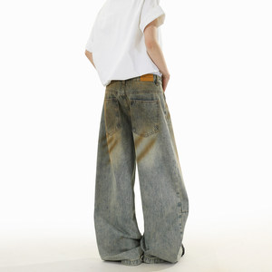 Jeans de mezclilla ODM OEM de verano, estilo americano <span class=keywords><strong>vintage</strong></span>, desgastados, lavados con efecto sucio, de pierna recta y holgados para hombre y mujer. - Product Image 5